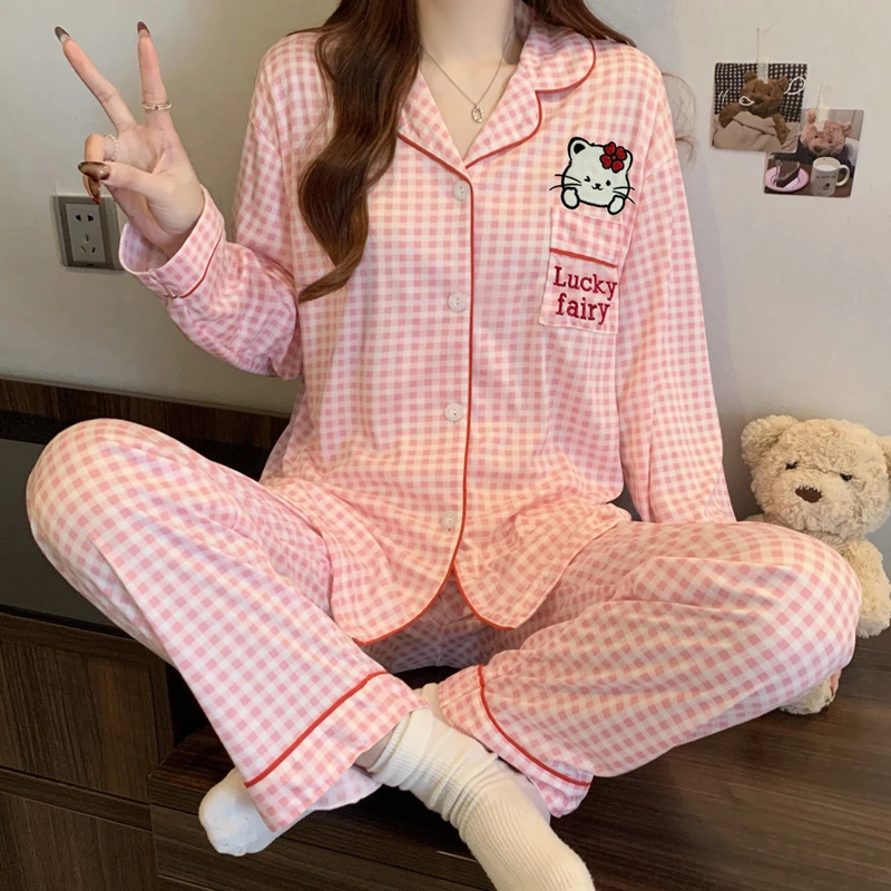 

Autumn New Hello Kitty Embroidered Women' S Pajama Set Two- Piece Homewear Y2K Soft Casual Elegant Plaid Loungewear Winter