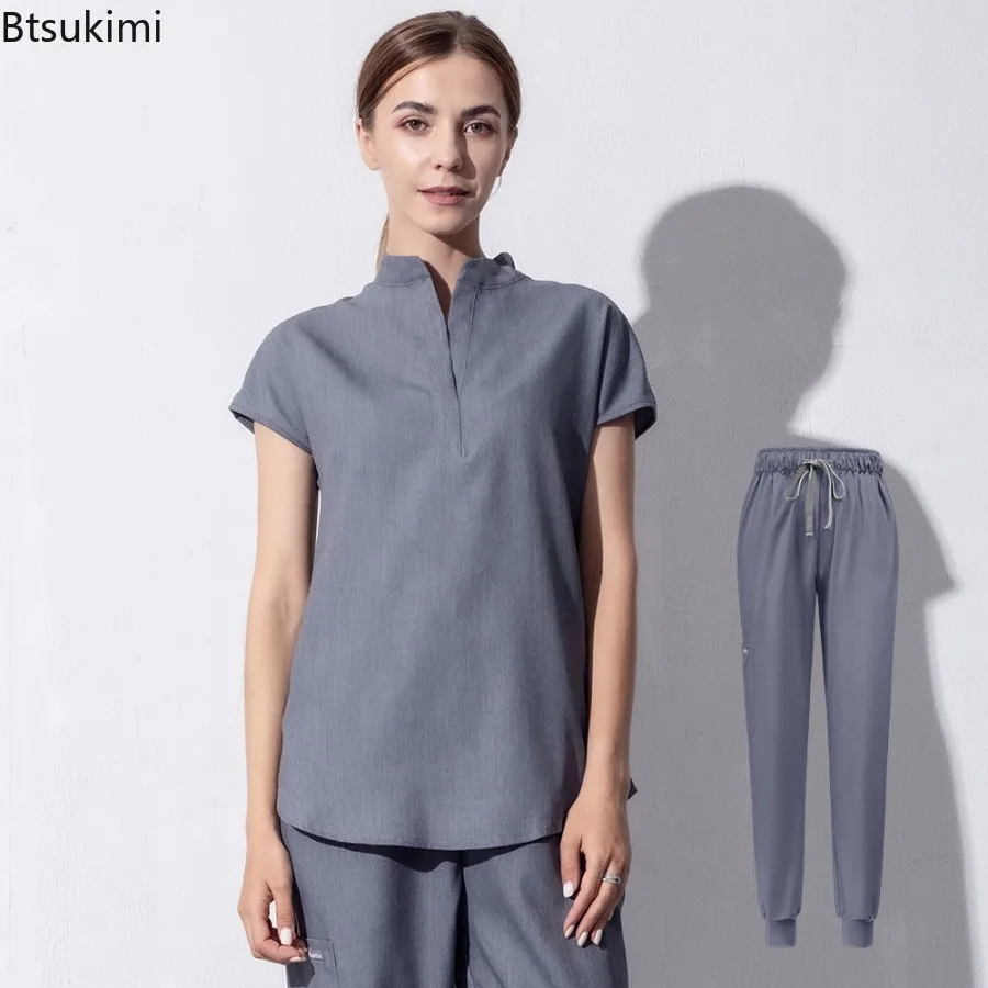 High Quality Denim Gray Scrubs Suits Tooth Check Workwear Spa Uniforms Beautician Scrub Work Suit Wholesale Scrubs Women Uniform