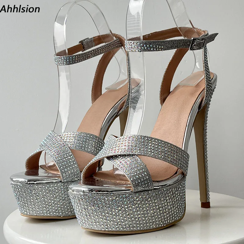 Ahhlsion Handmade Women Summer Sandals Sexy Rhinestone Stiletto Heels Round Toe Beautful Silver Dress Shoes Ladies US Size 5-20