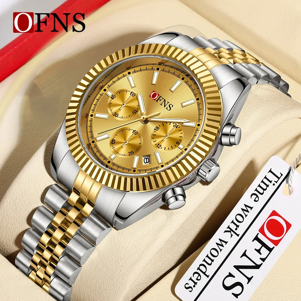 

OFNS New Top 1526 Men's Watch Business Three Eyes Six Needle Quartz Watch Night Glow Calendar Waterproof Men's Watch 2024