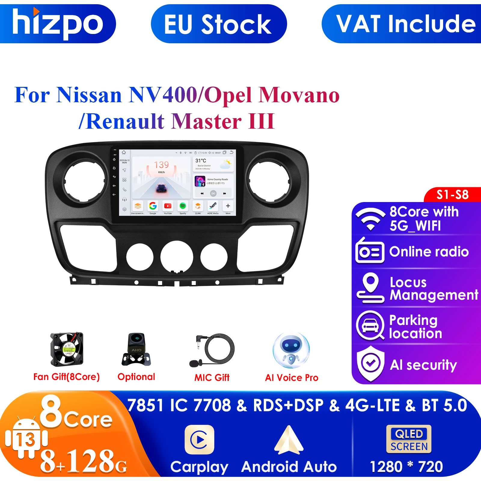 Hizpo 10.1 Inch Android Car Multimedia Player for Nissan NV400 2010 -2019 for Opel Movano for Renault Master III 2011 Carplay 4G