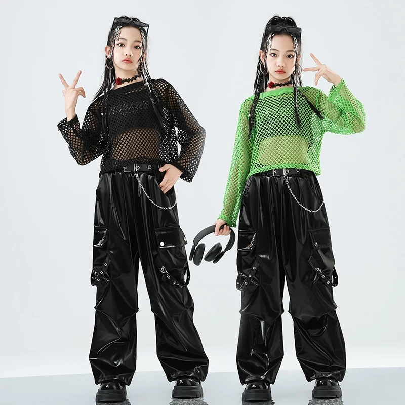 

Children Jazz Dance Costumes Girls Fish Net Top Leather Pants Costume Catwalk Stage Costumes Hip Hop Performance Clothes DN20345