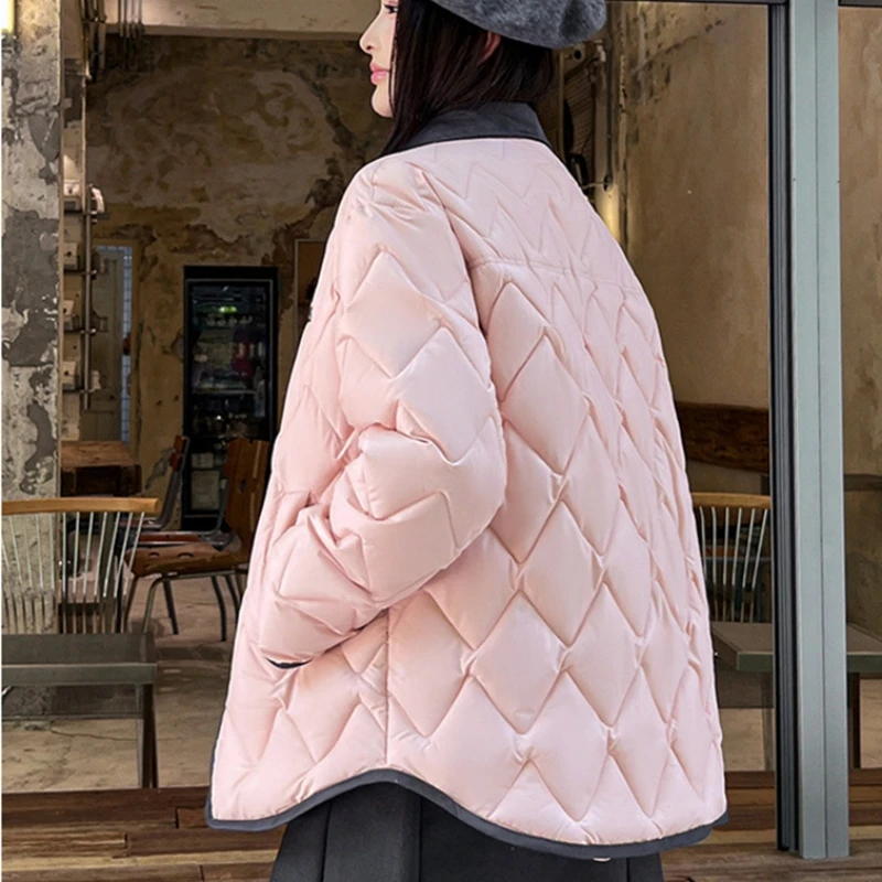 패션 새로운 가을 겨울 경량 얇은 다운 코튼 패딩 자켓 짧은 코트 대비 색 옷깃 마름모꼴 편지 루즈 탑