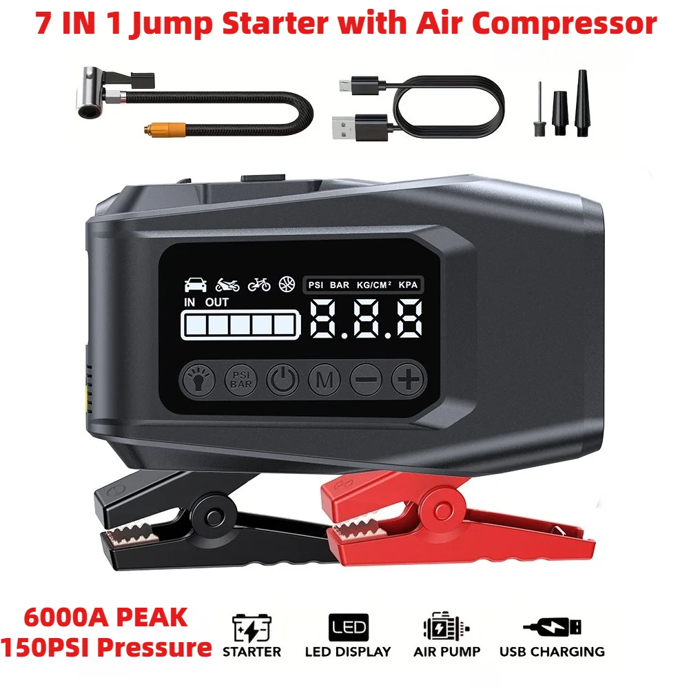 

7-IN-1 Car Jump Starter with Air Compressor, 6000A Portable Car Battery Booster (9.0 Gas/6.5L Diesel) with 150PSI Auto-Shutoff T