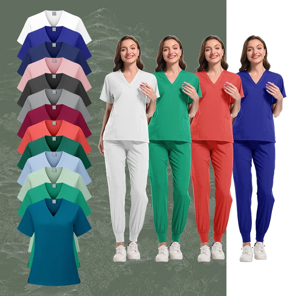 Surgical Set Women Pet Hospital Scrub Uniforms Suits Unisex Solid Color Surgical Gown Pocket V-neck Jogger Suits