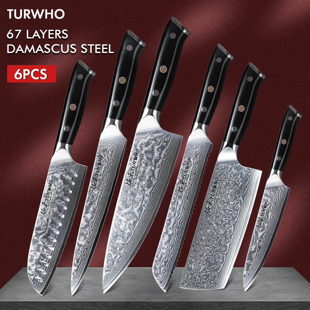 

TURWHO Kitchen Knife Set 67 Layers Damascus Steel Professional Chef Knife Santoku Slicing Utility Knife Bread Knife Cooking Tool