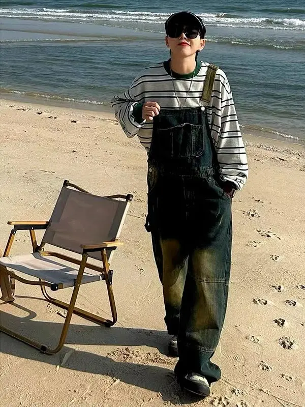 アメリカン スレ メンズ デニム オーバーオール ストレートレッグ ワークウェア カジュアル ワイドレッグ パンツ ミッドウエスト ロングパンツ 夏シーズン