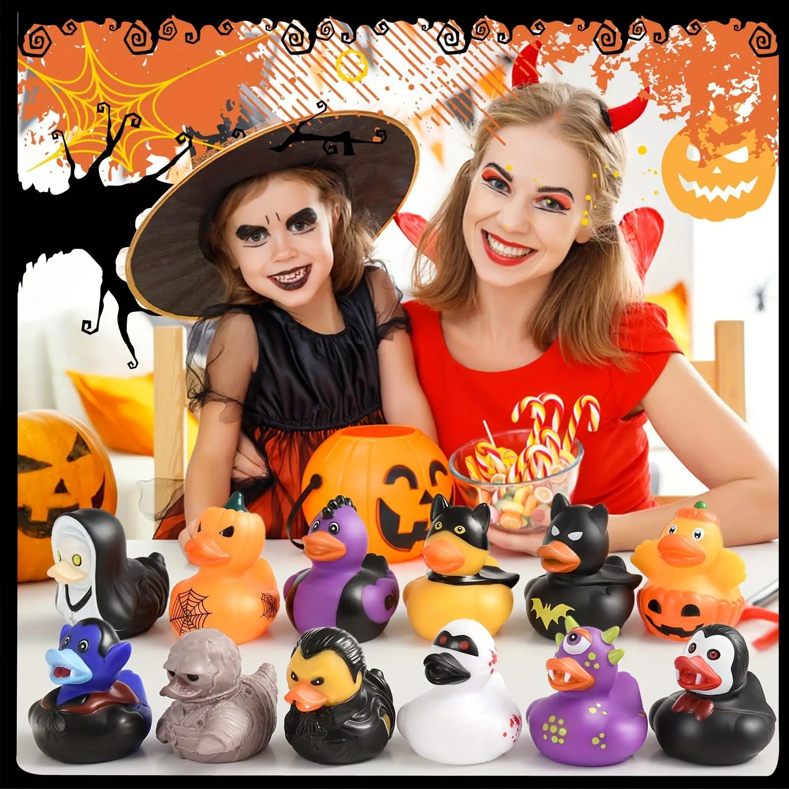 Patos de borracha Halloween, 2, 5 polegadas assorted pato com vários personagens, brinquedo para banheira, 96pcs