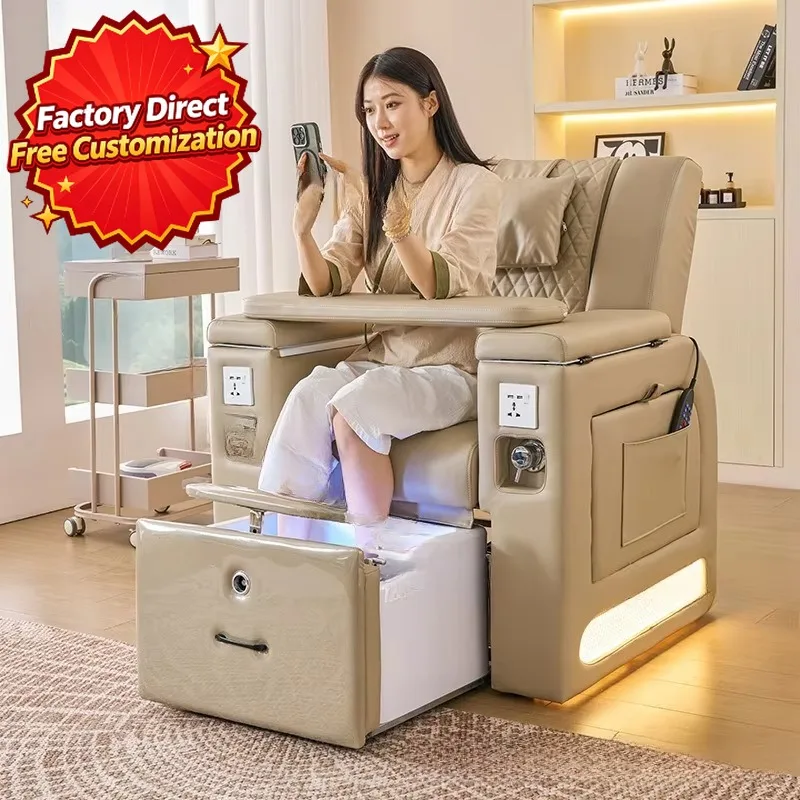 Quilted Pedicure Chair with Pull-out Foot Bath LED Light Water Circulation USB Port Manicure Chair for Nail Salon