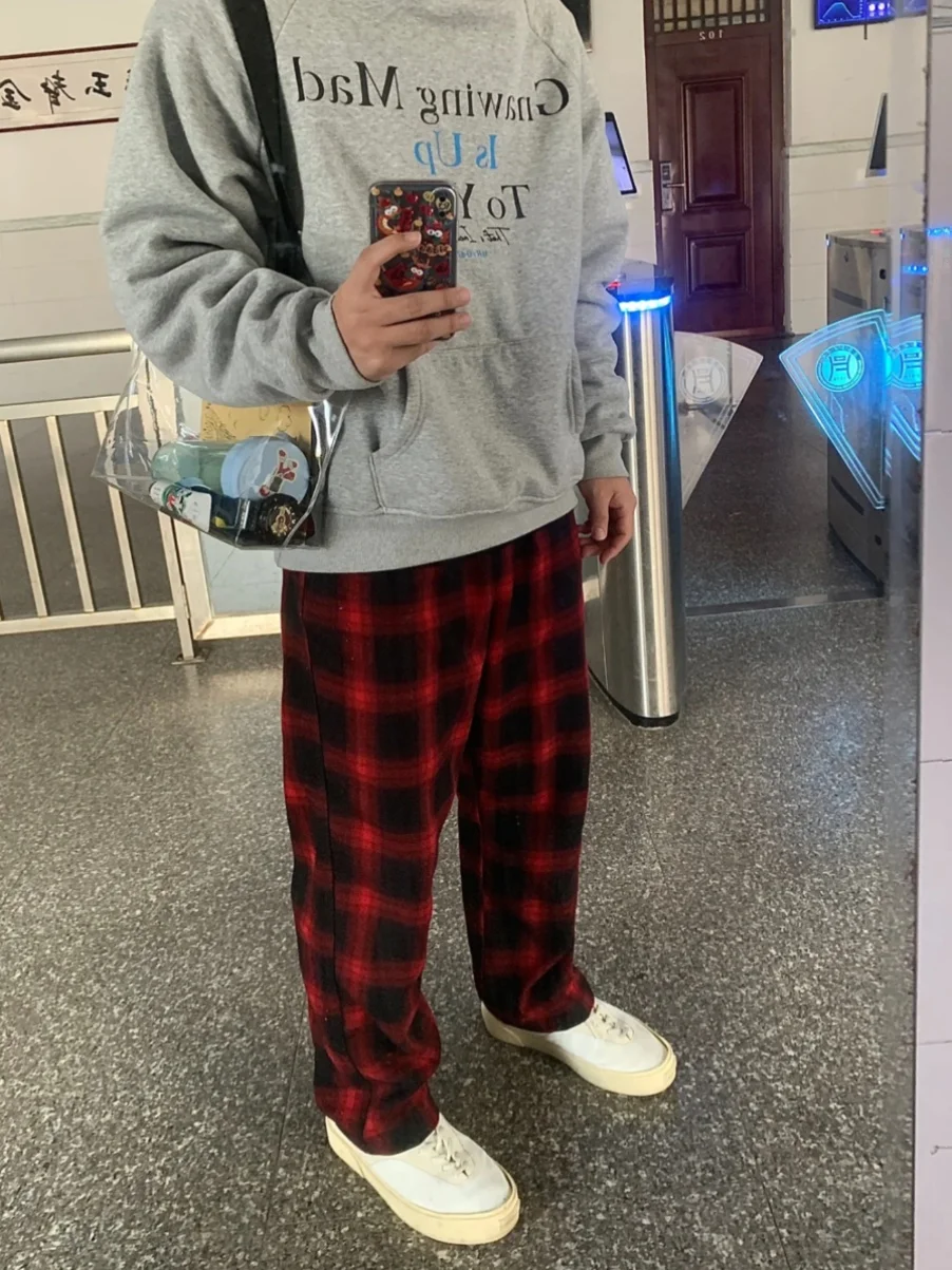 

Red Plaid Casual Pants Loose Fit Straight Leg Faionable Versatile Long Trousers Trendy Elastic Waist Youth Active Sle