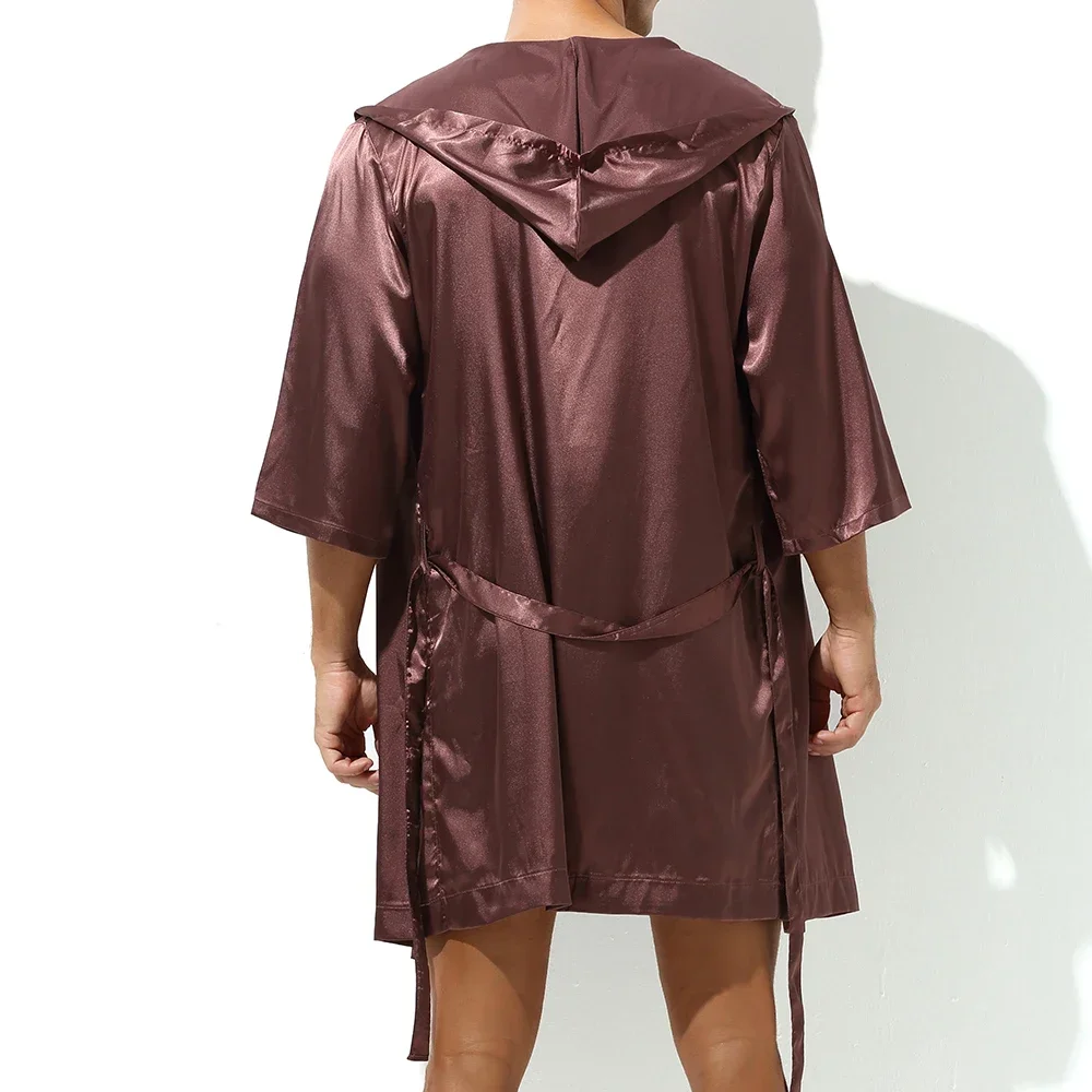 Men Hooded Robe Set Silk Satin Night Gown Sleep Bathrobe Matching Couple Party Groom Robe Pajama Sleepwear Breathable Loungewear view 3