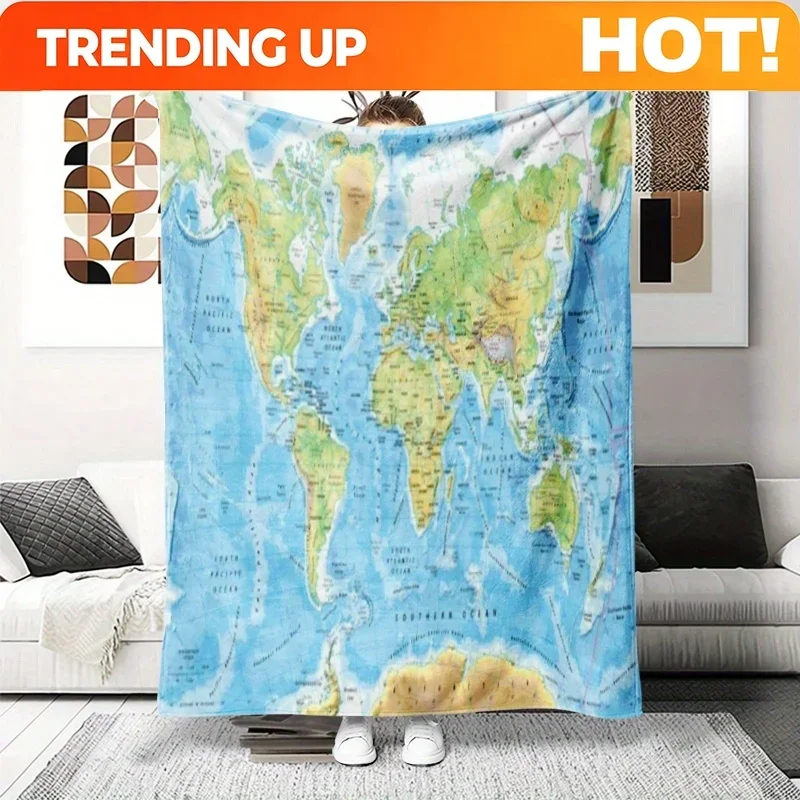 Customization World Map Printed Flannel Blanket - Soft All-Season , Educational Geography Gift for Travel Camping Couch Decor