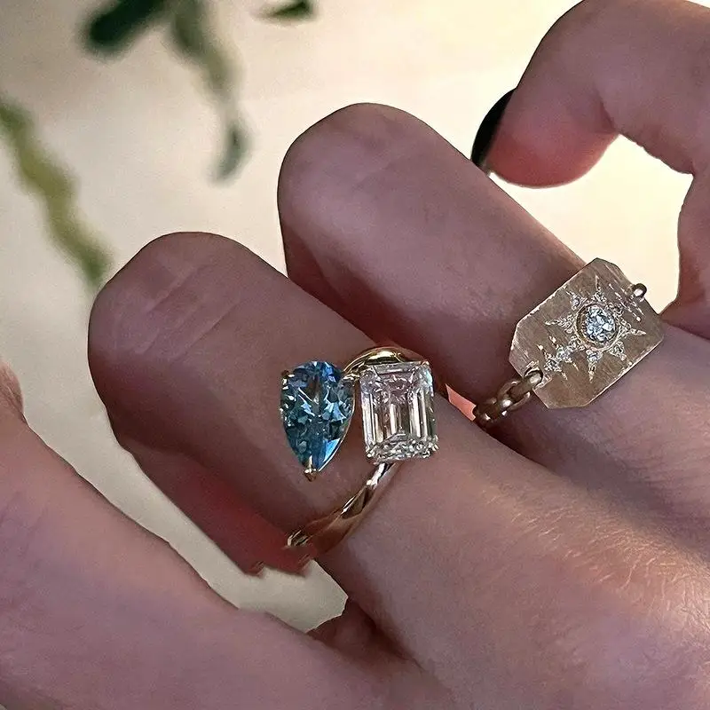 Fresh Classic Sea Blue Gemstone Water Drop Rings for Women Fashion Light Luxury Square Ring Opening Adjustable Wedding Jewelry
