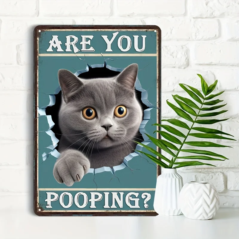 Funny Cat ‘Are You Pooping?’ Hand Painted Metal Sign - Vintage Bathroom Decoration Waterproof Suitable for Bathroom Bar Cafe