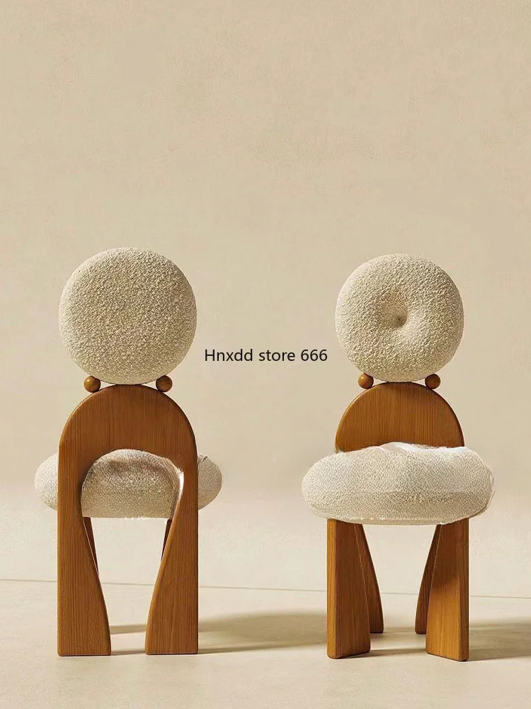 Lamb wool high backrest makeup stool retro solid wood dresser special-shaped chair