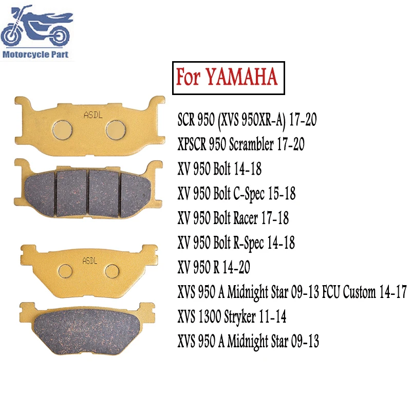 Pastilhas de freio dianteiro e traseiro para motocicleta, para yamaha xv950r 14-20 xvs950 xv950 scr950 14-18 parafuso meia-noite estrela stryker xvs1300 11-14
