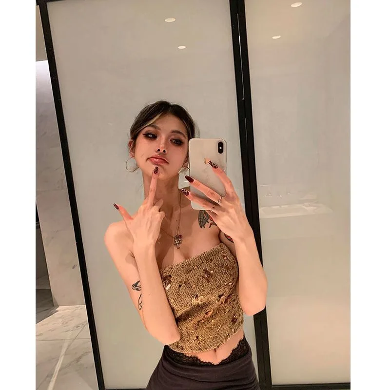 

Korean Style Glitter Sequin Embroidered Flower Tube Top for Women Autumn Winter Short Slim Fit Sleeveless