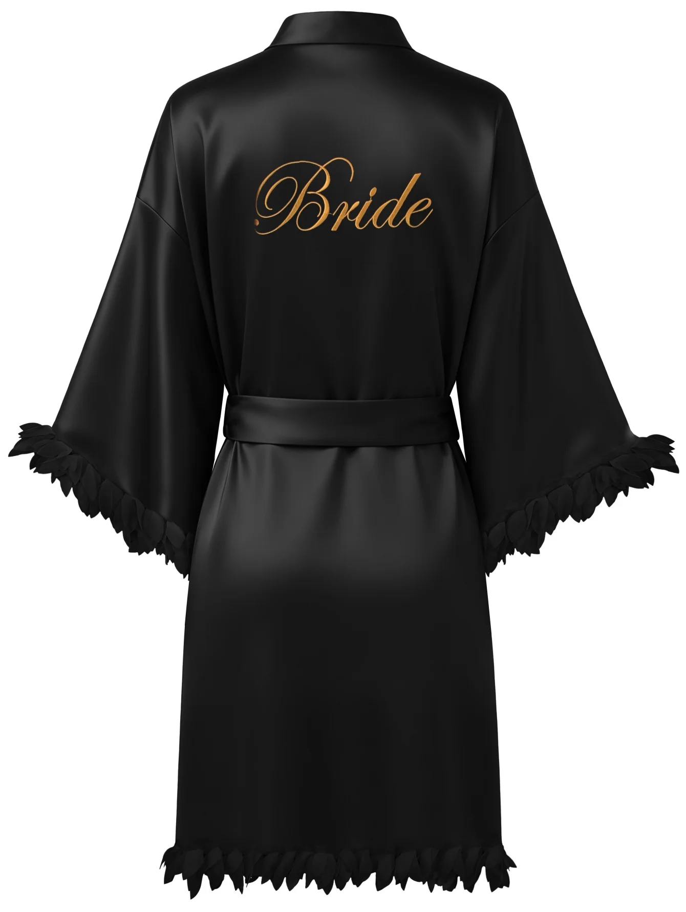 Women‘s Satin Bride Robe with 3D Petal Fringe Trim, Rhinestone & Gold Bride Letter, Short Kimono for Wedding Getting Ready