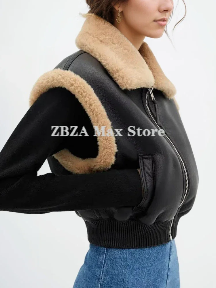 ZBZA Women PU Leather Bomber Short Vest Faux Fur Solid Sleeveless Lapel Zip Pocket Elastic Hem Warm Jacket Fall Winter Lady Coat