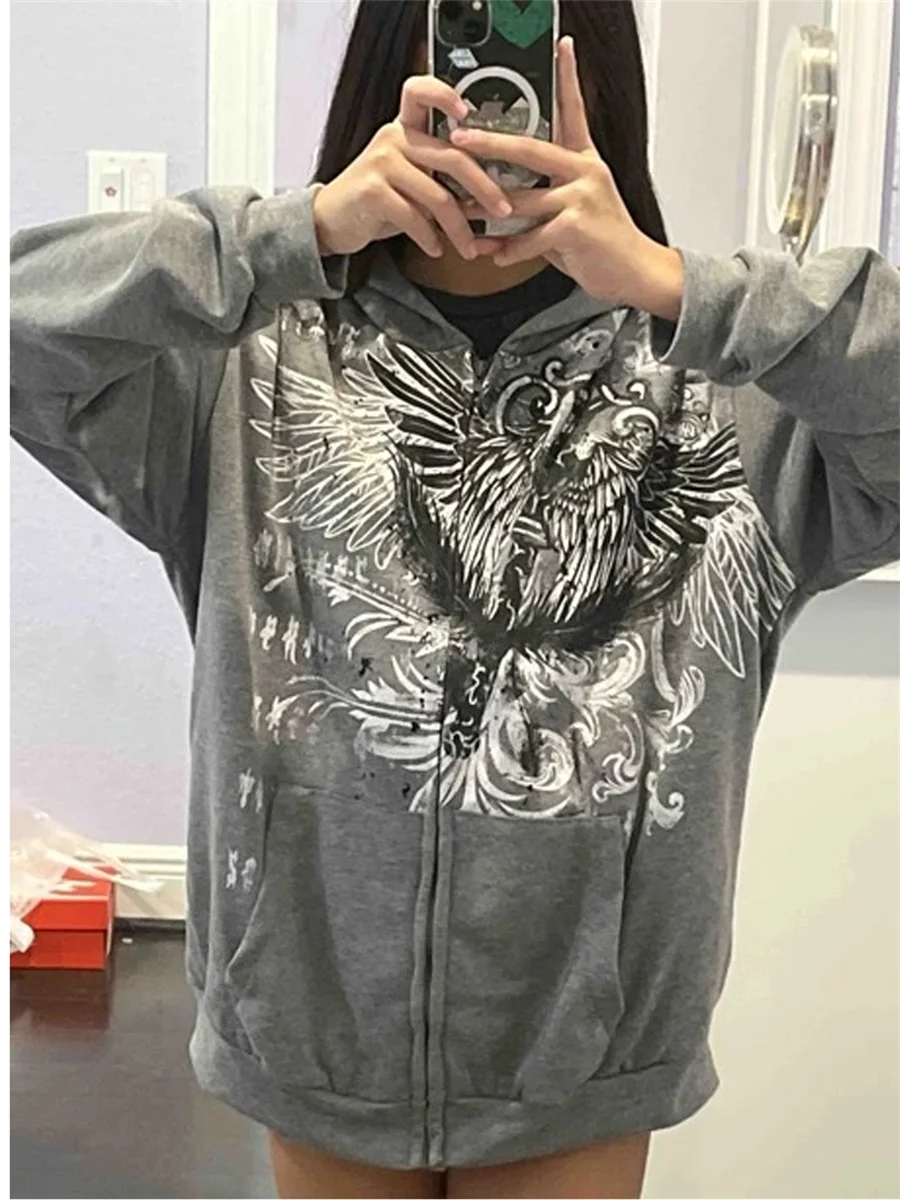 Gothic Dark Academia Oversized Sweatshirts Grunge Punk Letter Wings Graphic Zip Up Hoodie Y2K Fairycore Mall Goth Coat Harajuku