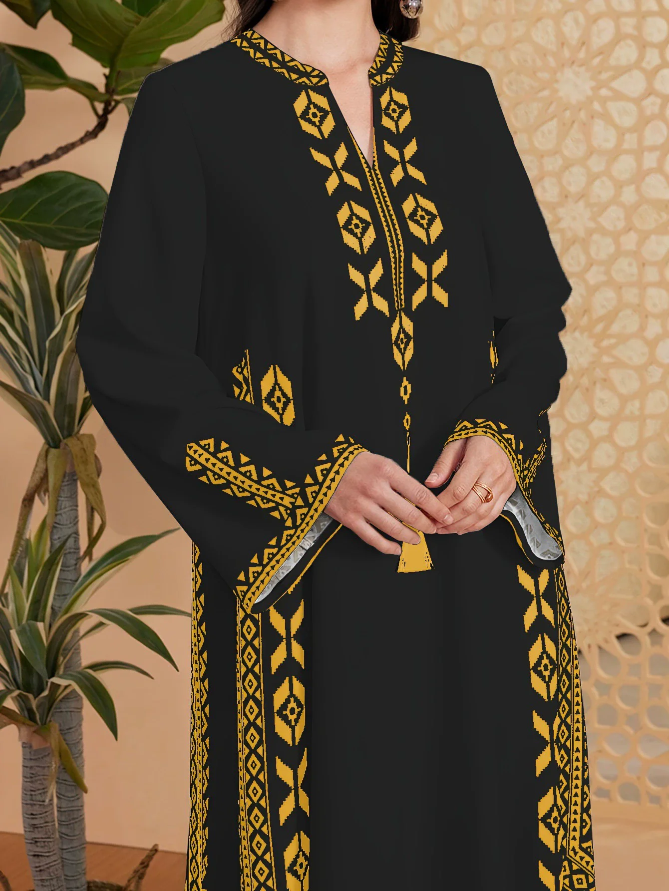 中東ラマダンムスリム高級ファッション女性用サウジアラビア・ドバイプリントVネックローブアラブ民族風プリントドレス