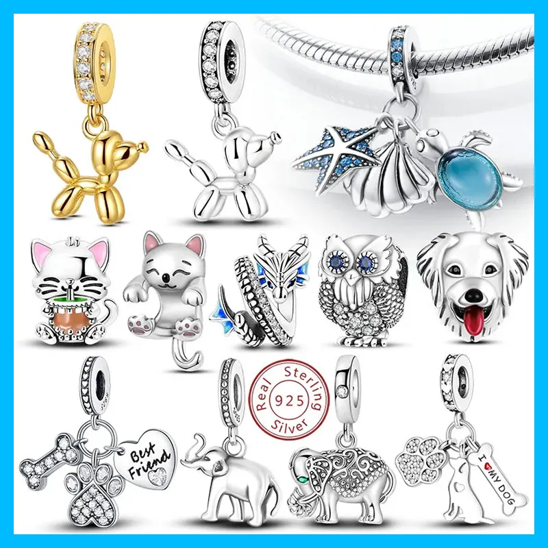 Animal Charms 925 Silver plated Shining zircon elephant turtle puppy bead Pendant Fit DIY Original Bracelet Bag keychian Jewelry