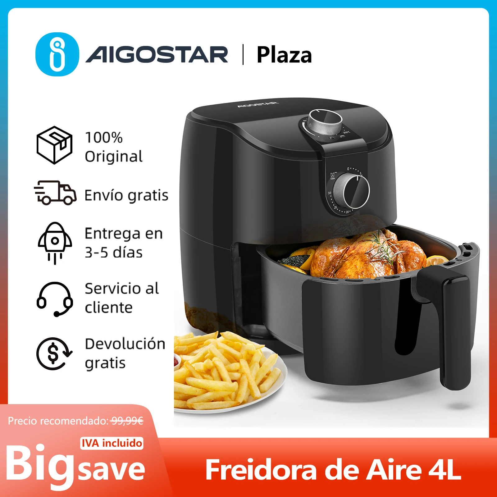 Freidora de Aire 4L, Freidora Sin Aceite 1500W, con Circulación de Aire Rápido, Temporizador de 30 Minutos, Temperatura Ajustable 80-200℃, Menos