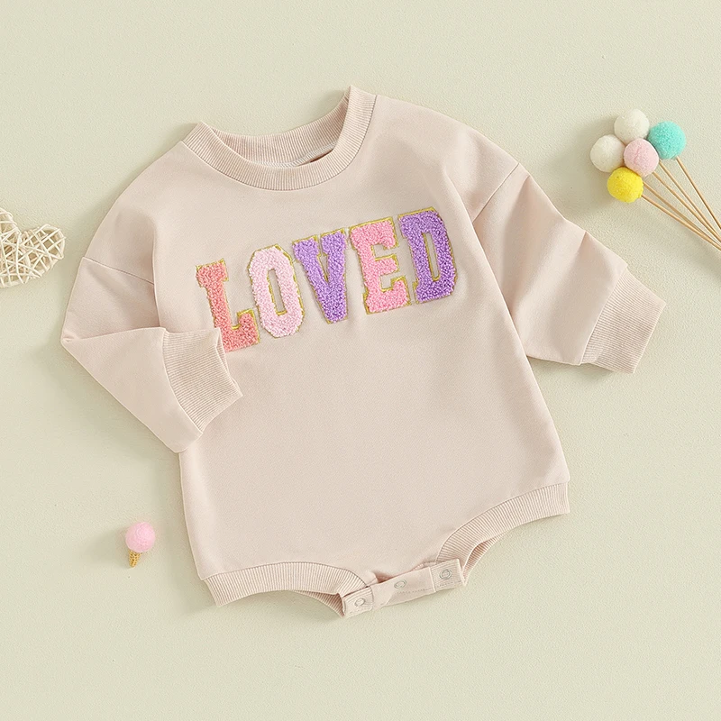 Newborn Baby Girl Clothes Loved Embroidery Sweatshirt Romper  Bodysuit Valentines Day Outfit 0-18M