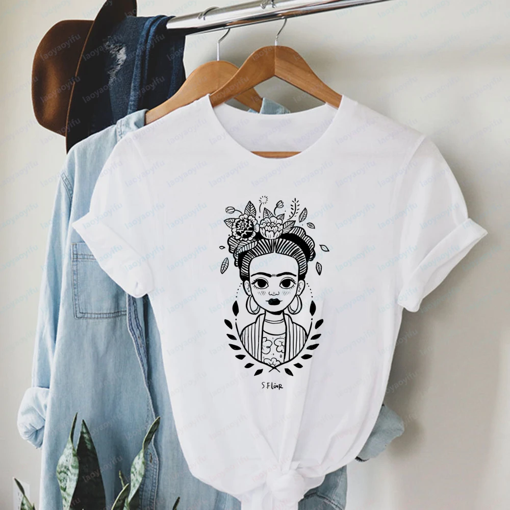 Mexican Artist T-Shirt Frida Botanical Print Tops Minimal Art Lover Vintage Classic Cotton Shirt Cultural Streetwear for Women