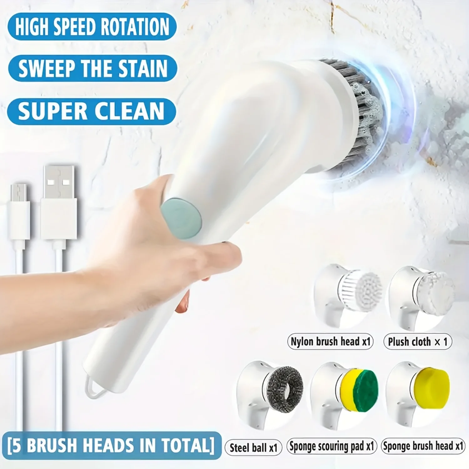 Spin Scrubber - Rechargeable 5-Head Handheld Cleaner for Kitchen and Pots