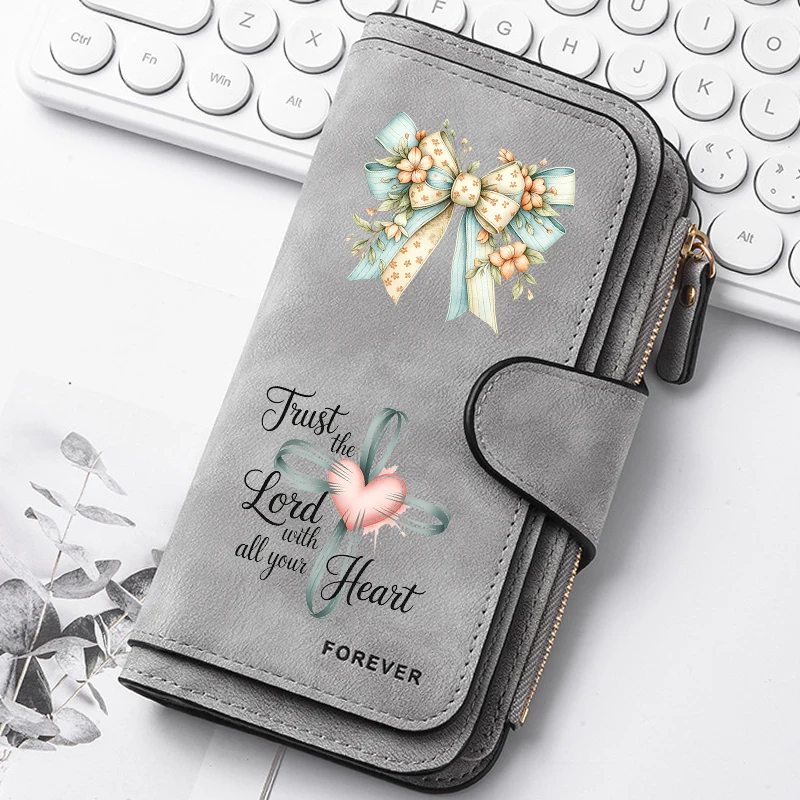 Cross Heart Faith Quote Floral Bow Lange Geldbörse mit Reißverschluss und Schnalle, Handtaschen, Münzgeldbörse, weiches PU, Multi-Kartenhalter, Tasche mit großem Fassungsvermögen – Detail 8