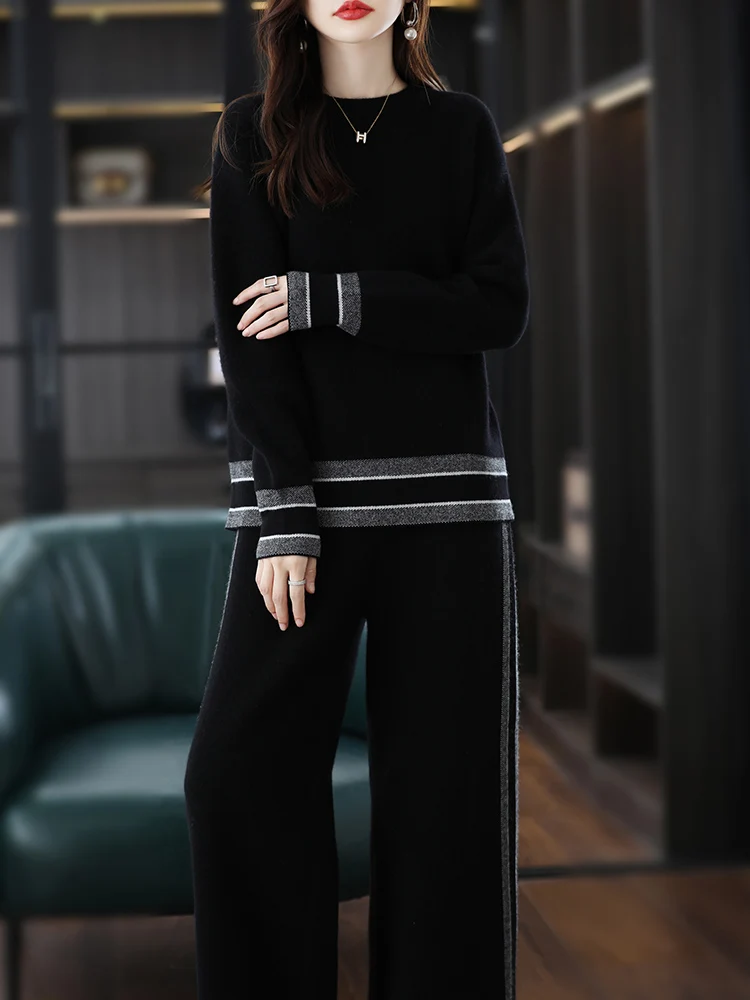 Autumn New 100% Pure Wool Sweater Set Two Piece Loose Knitted Luxury High end Wool Sweater Pants [No Returns Supported]