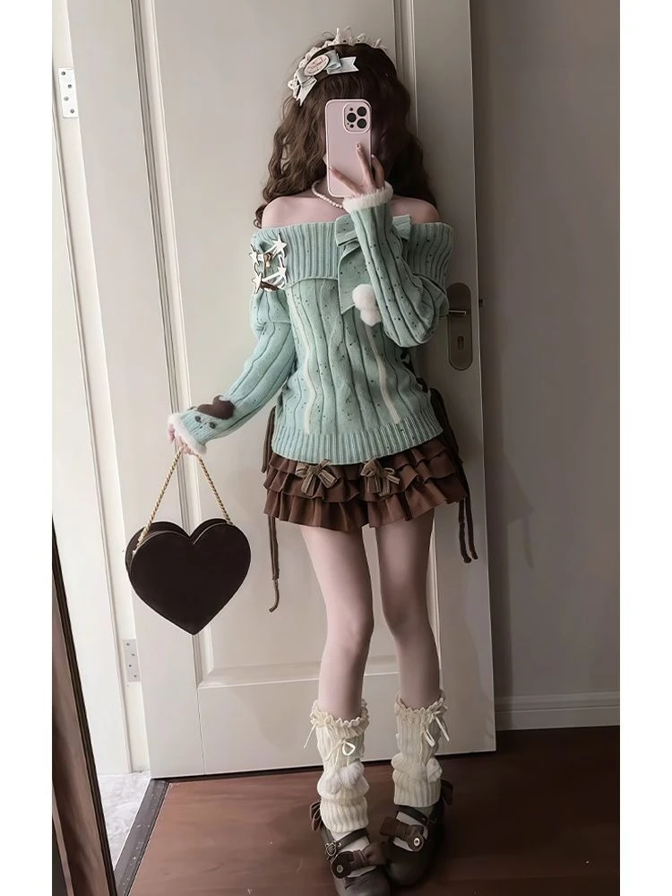 Outono inverno doce sexy y2k e-girls fino ajuste jumpers fora do ombro camisola de malha casual manga longa moda coreana pullovers