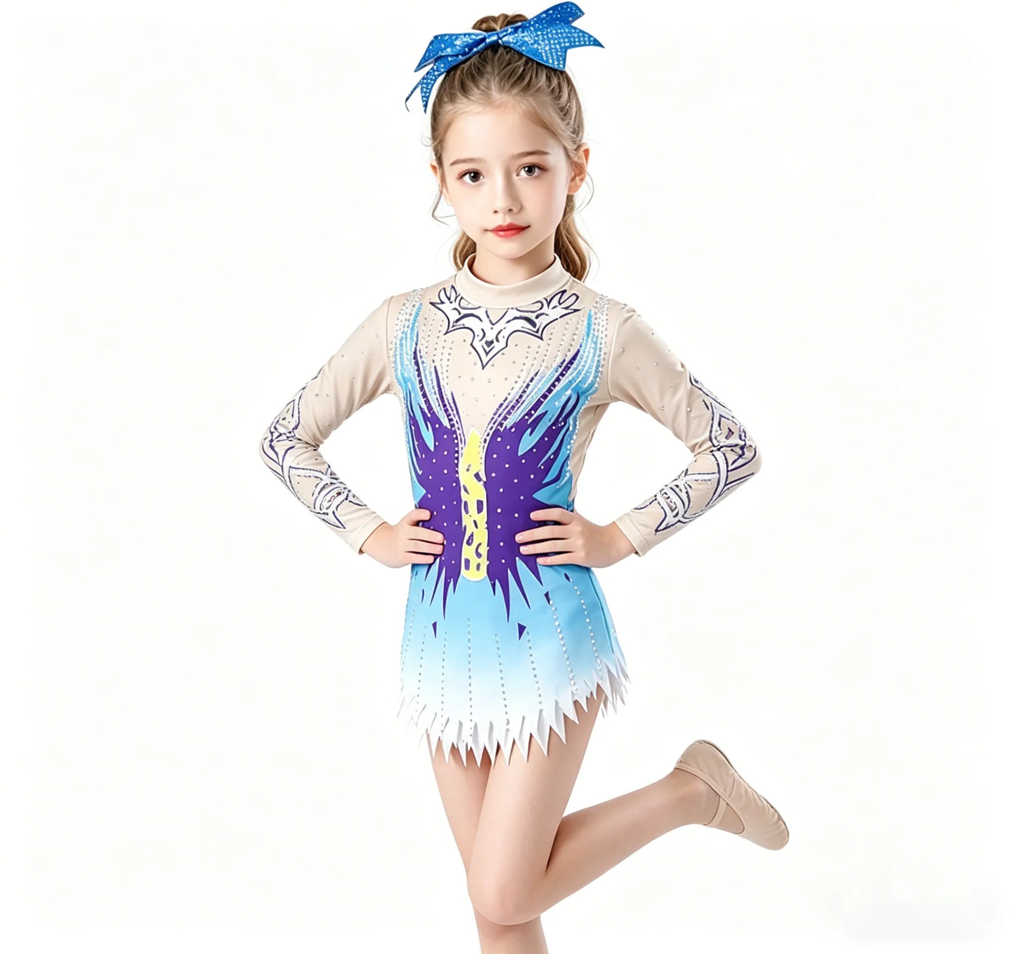 

Girls Luxury Rhinestone Cheerleader Dance Dress Long Sleeve Athletic Gymnastics Leotard Kids Performance Competition Costume