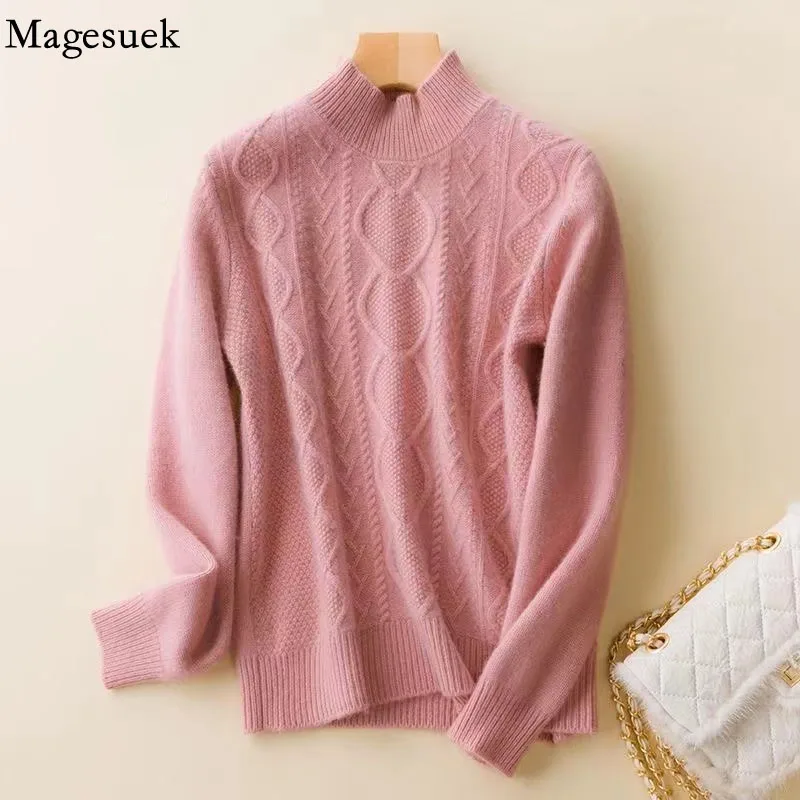 

2022 Autumn and Winter Knitted Sweater Women Pullover Elegant Half Turtleneck Twist Jumper Pull Loose Warm Bottoming Tops 22779