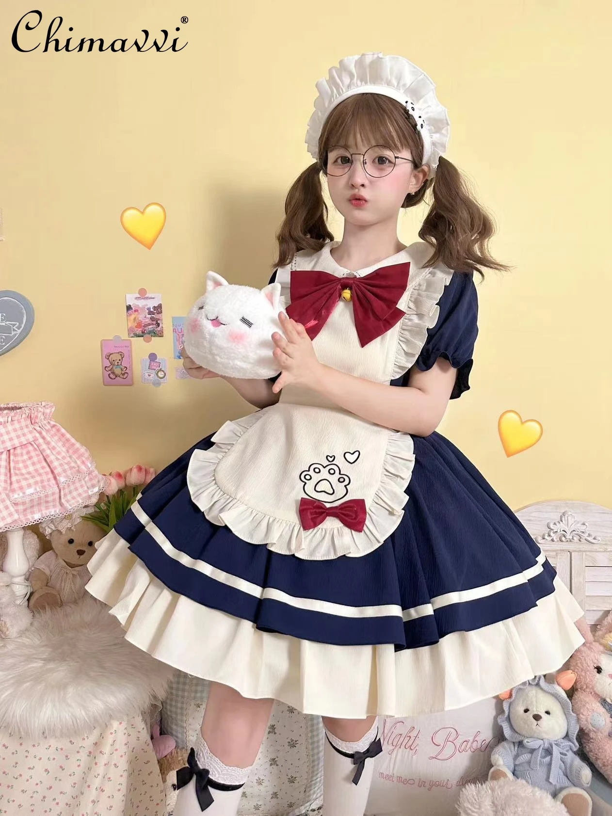 

Japanese Sweet Cute Op Apron Maid Lolita Dress 2024 Spring and Summer Girl Female Sweet Short Sleeve Op Dress Cosplay Clothes