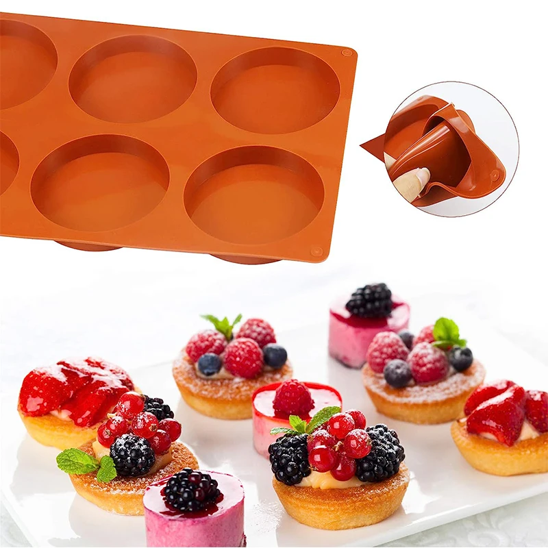 LMETJMA 6-Cavity Silicone Cake Mold Non-Stick Baking Mold Round Disc Resin Coaster Mold for Hamburger Chocolate Cake Pie JT155