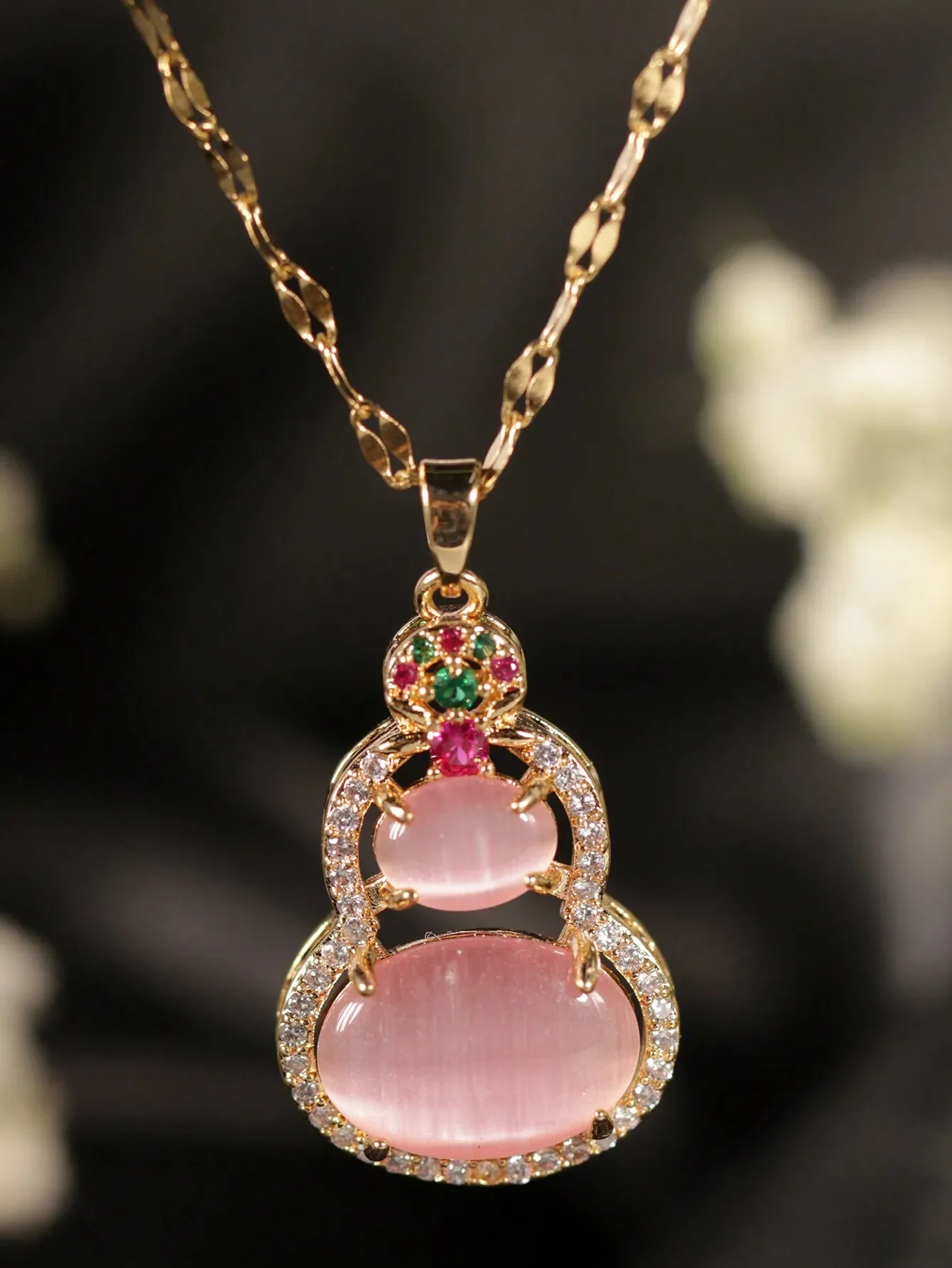 

Gold Plated Chain Necklace with Pink Cat's Eye Gourd Pendant and CZ Accents
