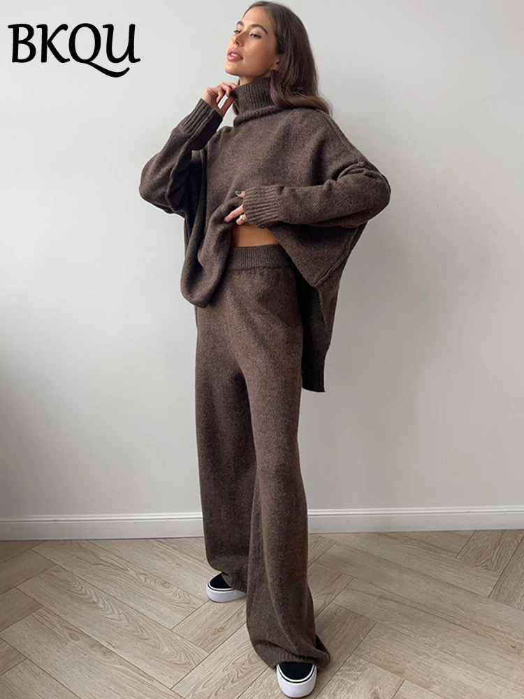 BKQU-Ensemble 2 pièces pour femme, pull à col roulé et pantalon large, tenues d\'automne et d\'hiver, vêtements de bureau décontractés, 2024