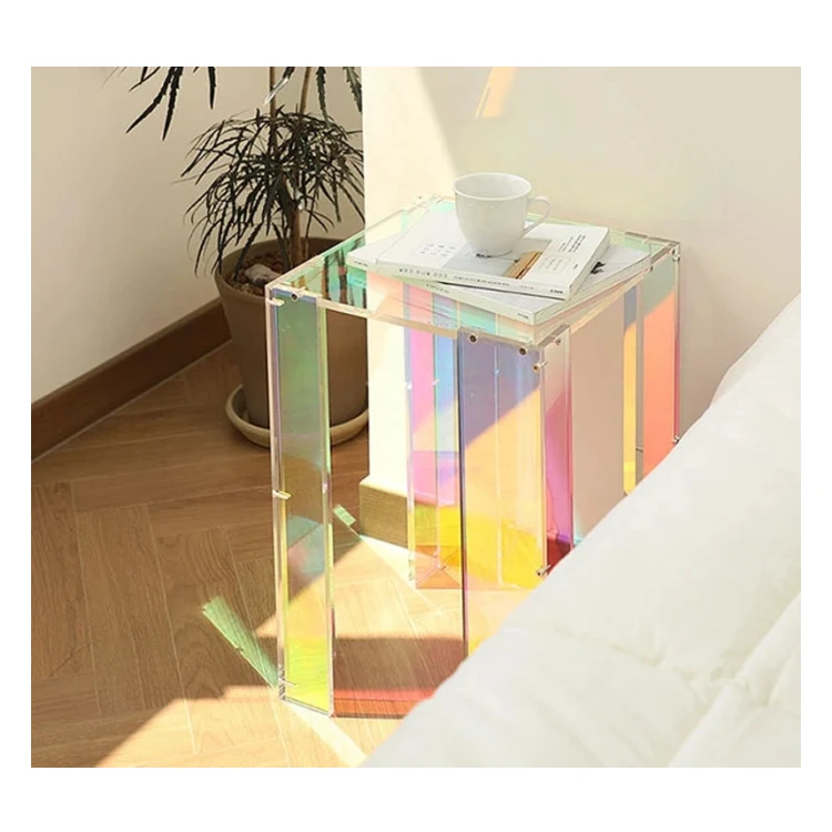 Square Bedside Tea Table Desk Rainbow Iridescent Acrylic Living Room Decorative Acrylic Coffee Table Furniture