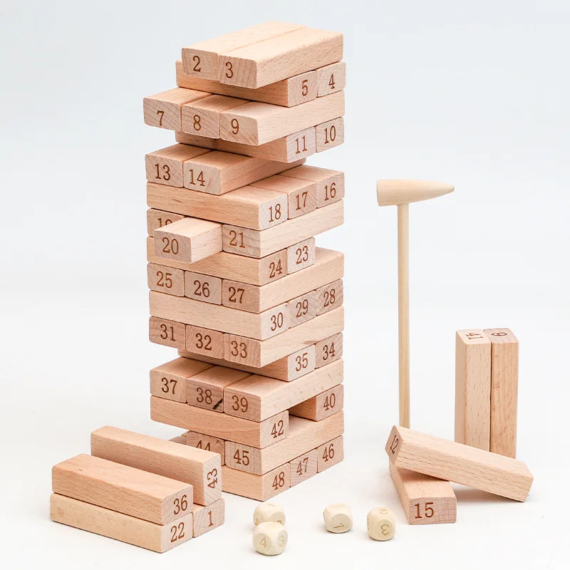 

51 Pieces Of Original Wooden Building Blocks, Stacked High, Stacked High, And Played Dominoes With Multiple Gameplay Options