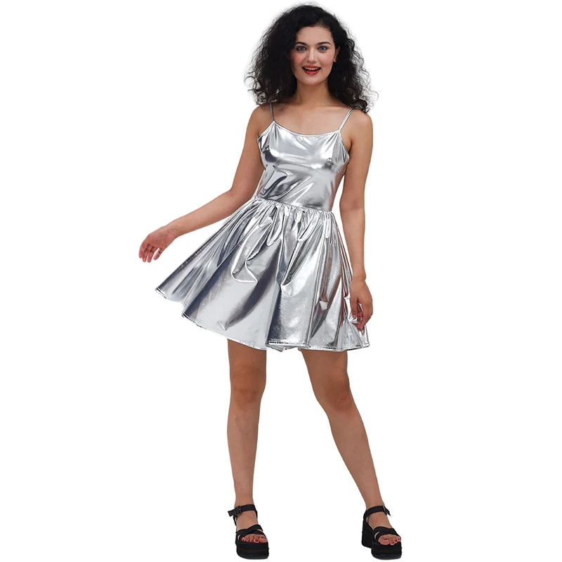 

Sexy Women Camisole Dress Shiny Metallic Spaghetti Sleeveless Wet Look Rave Clubwear Costume Bodycon Mini Dress For Nightclub