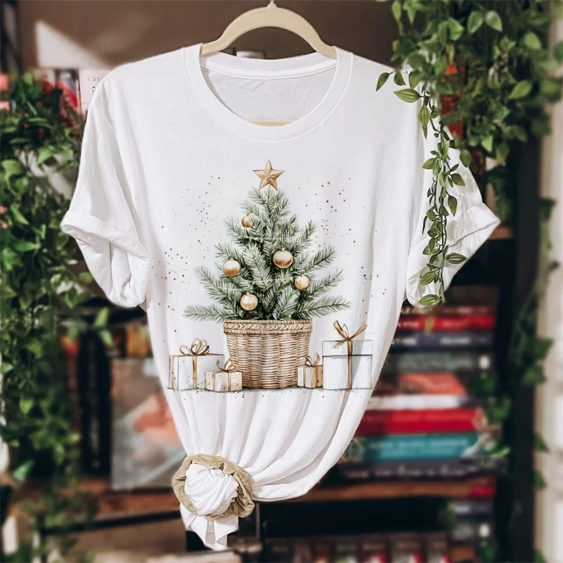 New Year's T-Shirt Cute Clothes Cartoon Snow View Cottage Printed Pattern Short Sleeve Casual Women's O-Neck Style Top T-Shirt