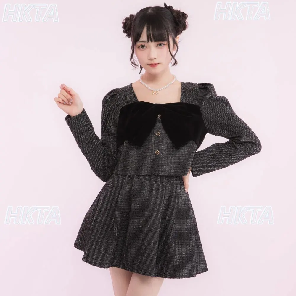 

Japanese Sweet Commuter Versatile Long Sleeve Square Neck Big Bow Short coat Cute Lolita A Line Black Skirt Two Pieces Set Women