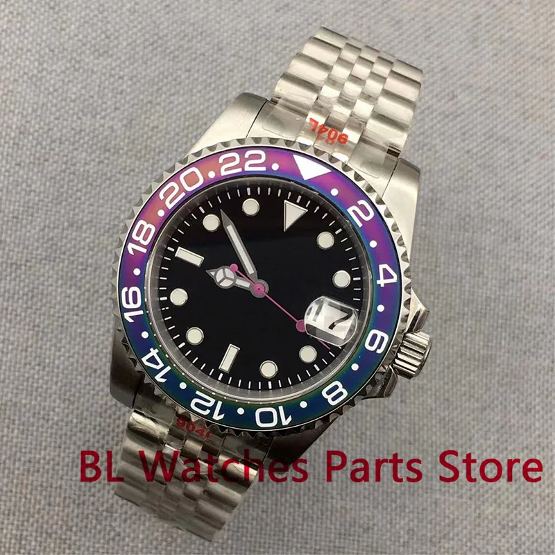 BLIGER 40mm Sterile NH35A Automatic Watch For Men Black Purple Insert Sapphire Glass Screw Crown Luminous Hands Stanless Steel