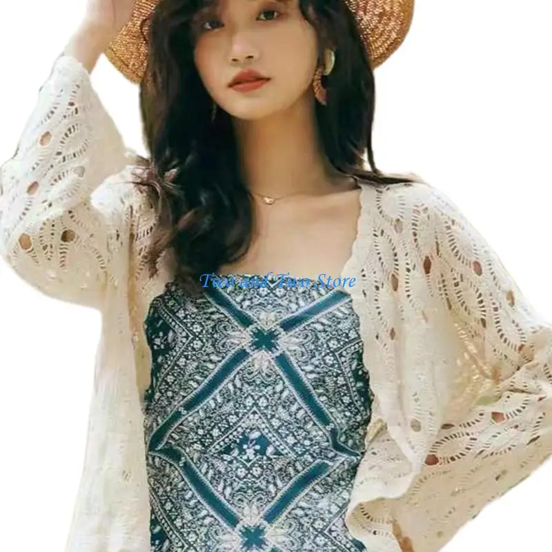 

HX6F Women Long Sleeve Crochet Cardigan Open Front Hollow Floral Sweater Coat