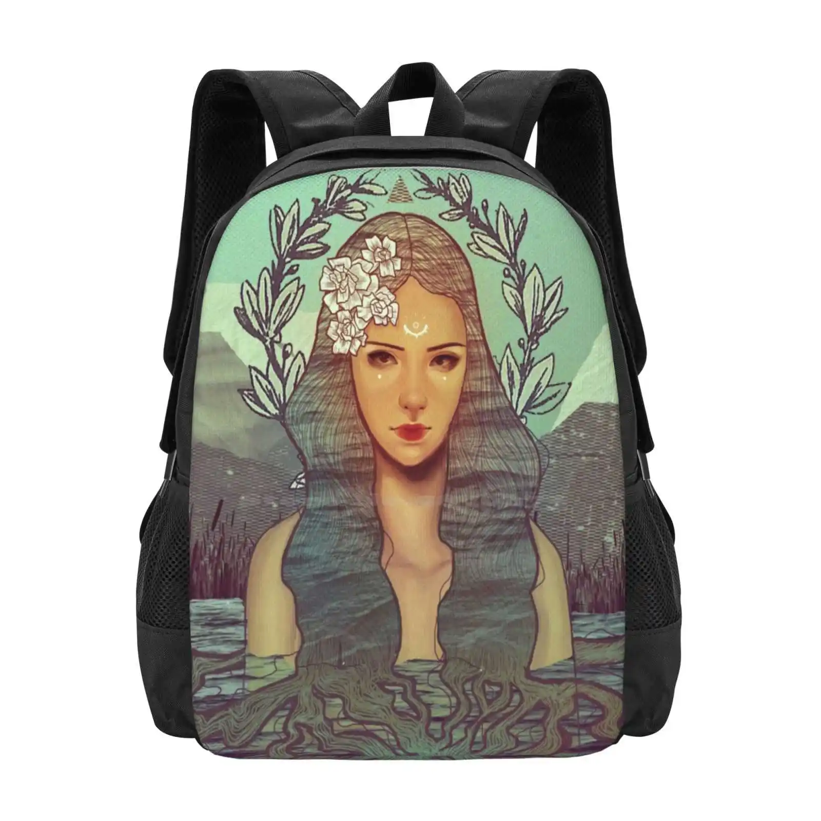 Cleansing Hot Sale Backpack Fashion Bags Wicca Witch Pagan Wizard Magick Water Clean Blue Flowers Nature Collage Long Hair