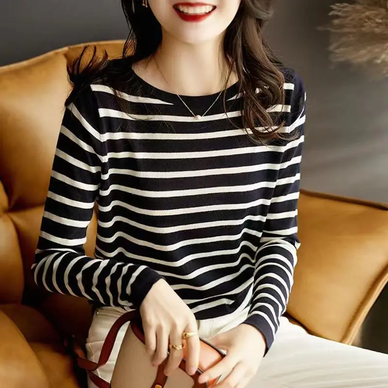 Women Clothing Korean Version Striped Cotton Pullovers Spring Summer Casual Loose O-neck Long Sleeve Sweater All-match Chic Tops