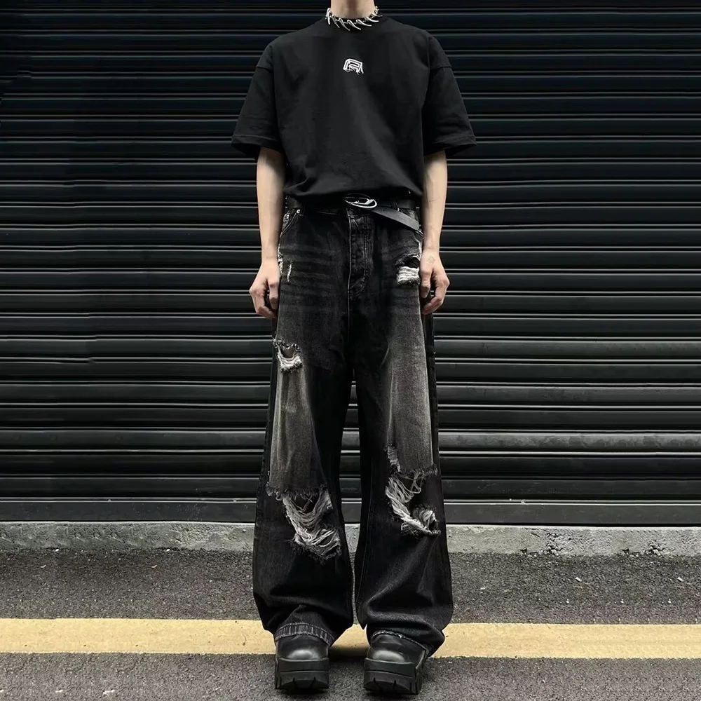 

Summer Men's Solid Color Baggy Jeans Ripped American Retro Fashion Trend Hip-Hop High Street Loose Casual Simple Men's Bottoms