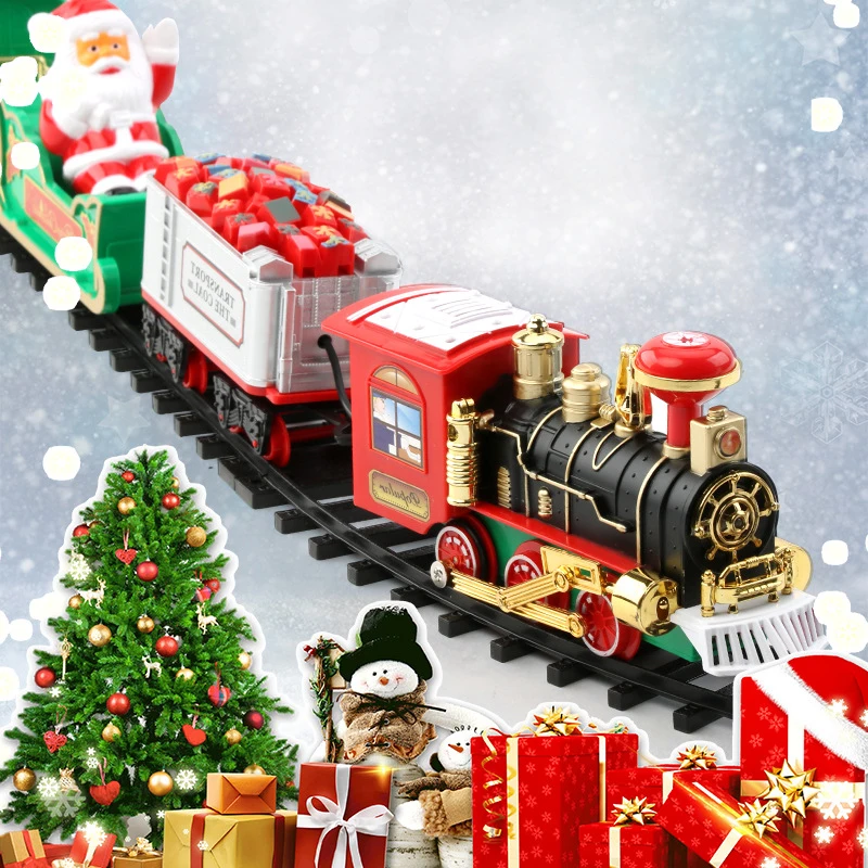 Battery Operate Railway Train with Sound&Light Railway Car Toys Christmas Train Tree Decoration Track Electric Toys for Kids